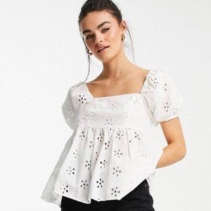 ASOS DESIGN daisy broderie smock top in ivory